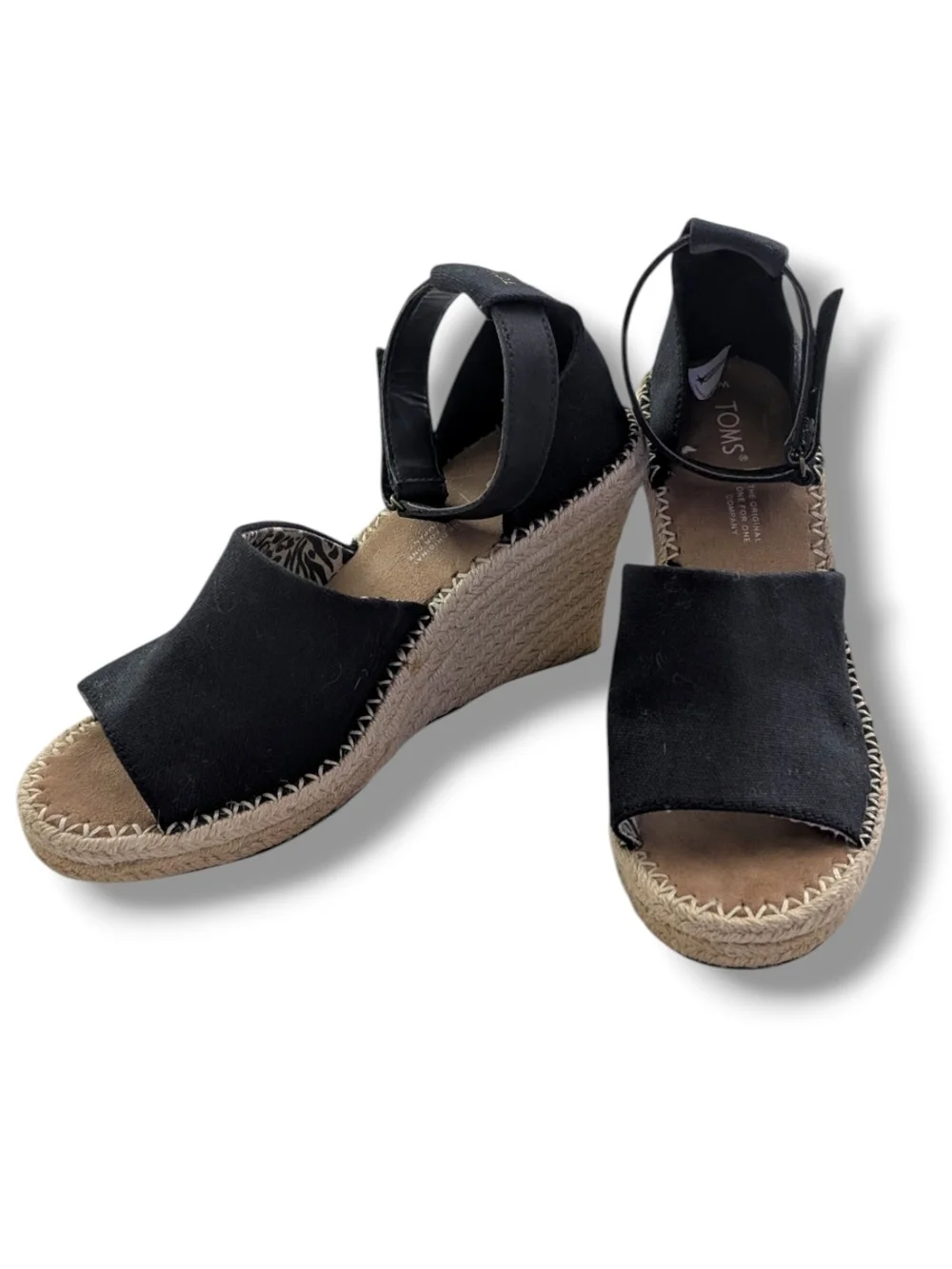 Toms Marisol Black Espadrille Wedge Sandals with Ankle Strap, Size 6